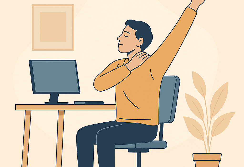 Illustration of an office worker stretching at a desk, warm colours